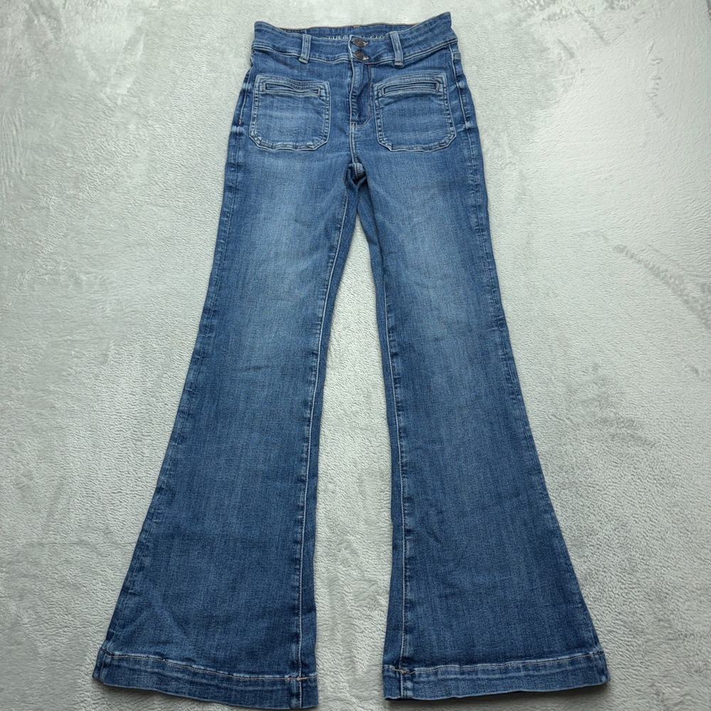 American Eagle Super Hi-Rise Flare Jeans Womens 2 Regular Blue Stretch Denim